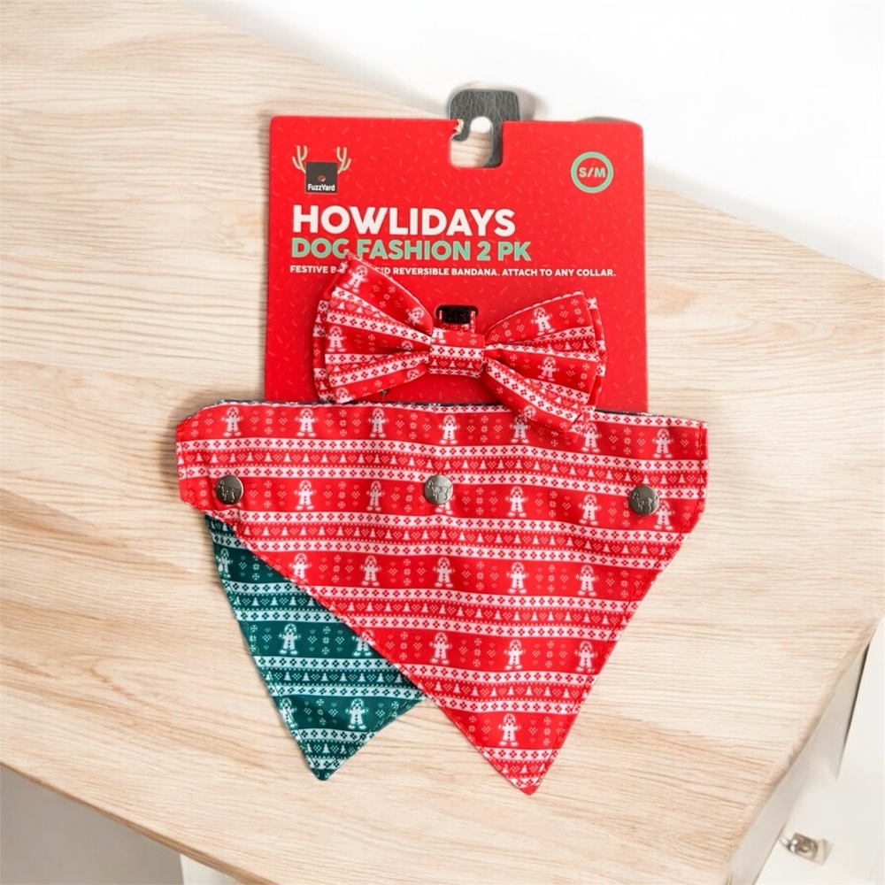 NEW FuzzYard Festive Red and Green Howlidays Dog Fashion Bowtie and Bandana Set
